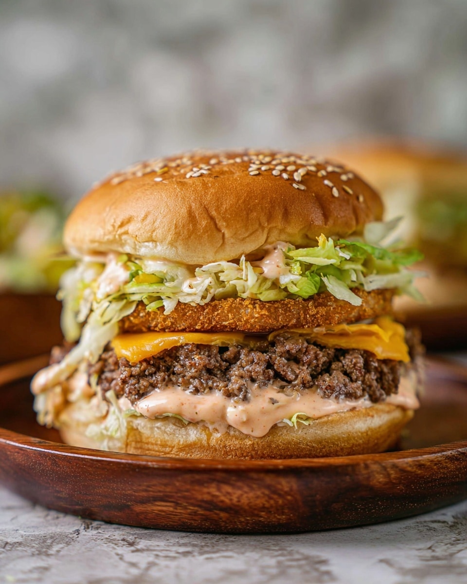 The image shows a tall burger with a sesame seed bun on top. The first layer under the bun is ground beef with a slightly crumbly texture mixed with bits of onions. Below this is a layer of creamy pink sauce with shredded lettuce sitting underneath it. Next comes a golden brown crispy fried patty, followed by another layer of ground beef. At the bottom, there is melted cheddar cheese, more shredded lettuce, and another spread of the same pink sauce. The whole burger is on a round dark wooden plate, with a white marbled textured background. photo taken with an iphone --ar 4:5 --v 7