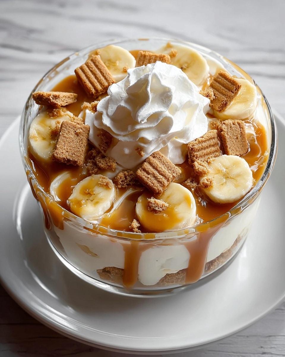 A glass bowl sits on a white plate, layered from bottom to top with creamy white whipped cream, topped with round banana slices arranged in a circle near the edge. Over the bananas and cream, there are small cookie pieces with a light brown color and crumbly texture. A large dollop of white whipped cream is placed in the middle, drizzled with smooth, light caramel sauce that also drips over the bananas and cookies, adding a glossy finish. The bowl rests on a surface with a white marbled texture. photo taken with an iphone --ar 4:5 --v 7