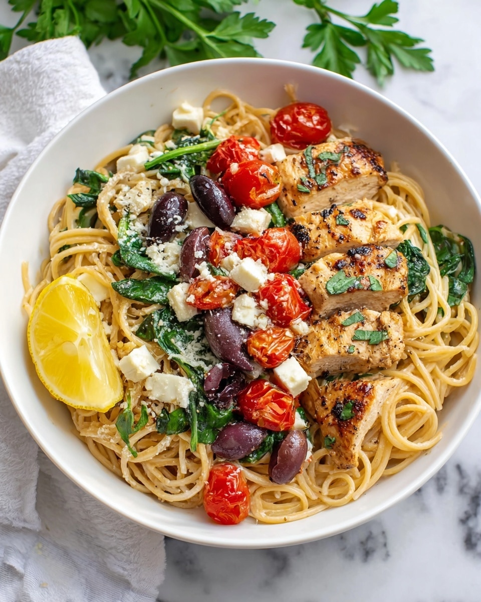 A white pot filled with spaghetti pasta mixed with small browned chicken cubes, bright red cherry tomato halves, dark purple olives, fresh green spinach leaves, and white crumbles of cheese scattered throughout. The pasta is lightly coated in creamy sauce, giving it a slight shine, and a wooden spoon is lifting some of the spaghetti on the right side. Two lemon wedges lie on the white marbled surface near the top left of the pot. photo taken with an iphone --ar 4:5 --v 7