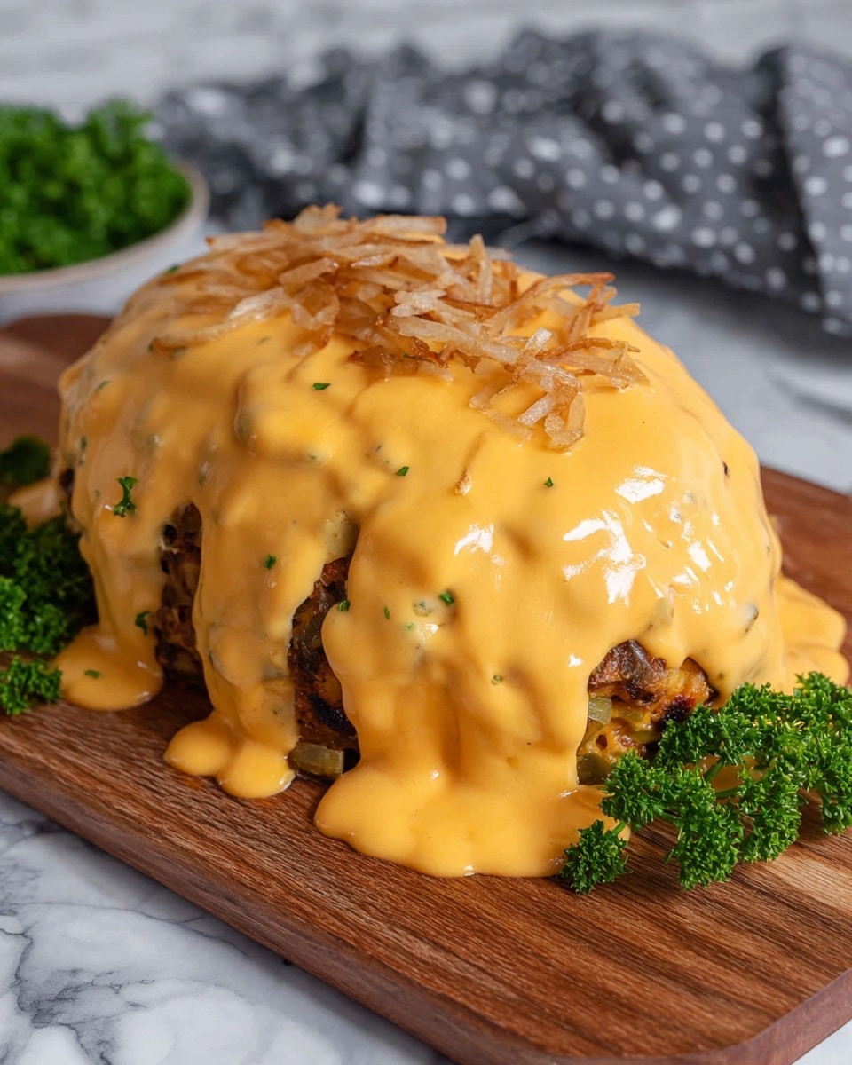 A white plate holds a thick slice of meatloaf filled with green and white bits, topped with a smooth layer of orange cheese sauce that slightly drips down the sides, next to a pile of bright yellow-orange cheesy macaroni with a creamy texture, and fresh green steamed broccoli florets with a crisp look, all sitting on a white marbled surface with sprigs of green herbs around. Photo taken with an iphone --ar 4:5 --v 7