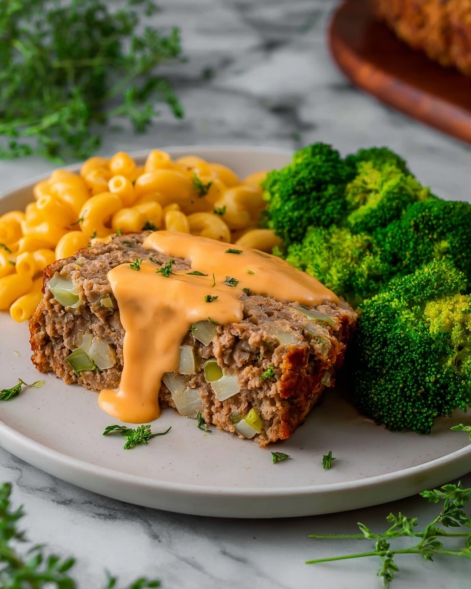 A mound-shaped dish sits on a wooden board, covered in a thick layer of smooth, bright orange cheese sauce that drips down the sides and pools slightly at the base. Underneath the cheese sauce, the base layer appears to be a dark, chunky mixture with visible bits of vegetables. On top of the cheese sauce, lightly browned, thin strips of cooked onion add a soft texture and light golden color contrast. The board is placed on a white marbled surface with some green parsley decoration around the dish, and a grey cloth with white dots is partially visible in the background. photo taken with an iphone --ar 4:5 --v 7