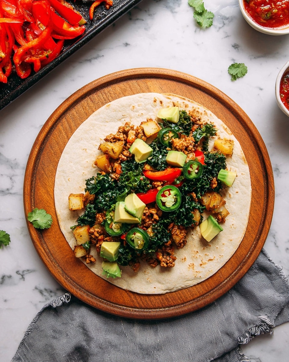 A white tortilla lies flat on a round wooden board, topped with layered ingredients. On the bottom are chunky avocado pieces in light green, followed by minced cooked meat that is brown and crumbly. Above the meat are bright red sliced bell peppers and green jalapeño rings. At the top layer, dark green sautéed kale and golden-brown potato chunks are visible, garnished with a few fresh cilantro leaves scattered on top and around the tortilla. To the top left, a black tray holds cooked red bell peppers and more meat, while a small white bowl of red salsa sits to the upper right, all set on a white marbled surface with a grey cloth below. photo taken with an iphone --ar 4:5 --v 7