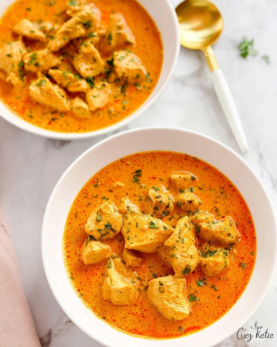 The image shows two white bowls filled with a creamy orange curry. Each bowl contains small, tender pieces of chicken that are coated in a rich, smooth sauce with a slightly oily top layer, giving a shiny texture. The curry is garnished with small green bits of fresh herbs scattered lightly on top. The bowls sit on a white marbled surface, and in the corner, there is a white spoon with a golden handle. The overall look is warm, fresh, and inviting, with the orange curry standing out against the clean white bowls and background. Photo taken with an iphone --ar 4:5 --v 7