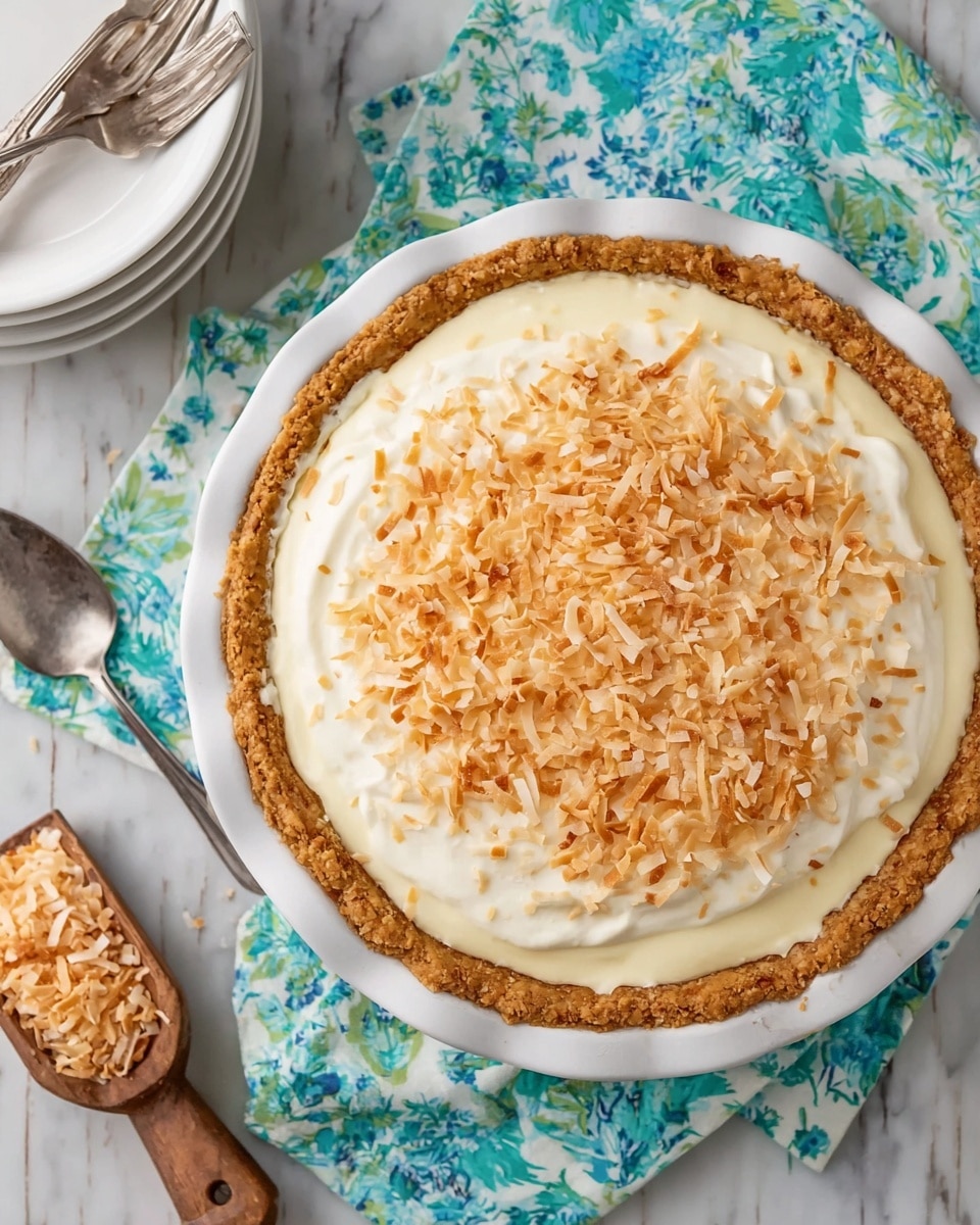 A slice of creamy coconut pie is shown on a white scalloped plate with a silver fork beside it. The pie has three clear layers: a thick, golden brown pastry crust at the bottom, a thick pale yellow creamy coconut filling in the middle, and a topping of white and lightly toasted shredded coconut. The pie slice looks soft and smooth, with the coconut flakes adding a rough texture on top. In the background, the whole pie in a white fluted pie dish is partially visible on a white marbled textured surface. photo taken with an iphone --ar 4:5 --v 7