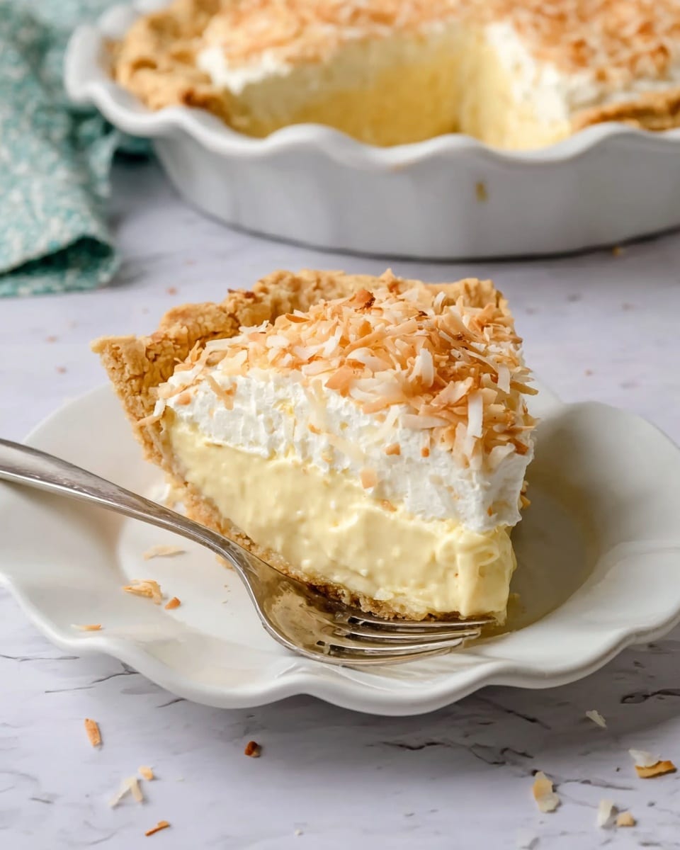 The image shows a pie with three visible layers: a golden-brown crust forming the base and edges, a smooth creamy white filling evenly spread inside the crust, and a ring of toasted shredded coconut layered around the edge on top of the filling, appearing light brown and crisp. The pie sits on a white plate placed over a white marbled surface with a teal and blue floral cloth partially under it. Nearby, there is a wooden scoop filled with toasted shredded coconut and a white plate stacked with forks. A silver pie server lies next to the pie. Photo taken with an iphone --ar 4:5 --v 7