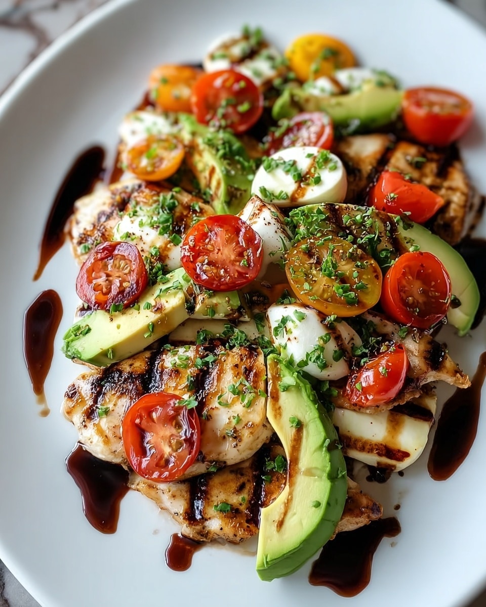 The dish shows a white plate with a base layer of grilled chicken breast pieces, lightly browned with black grill marks. On top of the chicken, there is a layer of grilled white halloumi cheese with char lines. The next layer features slices of pale green avocado and small white mozzarella pieces, both with some light grilling marks. Scattered across all layers are halved cherry tomatoes, red and slightly charred, adding bright pops of color. The dish is garnished with chopped green herbs and drizzled with dark balsamic glaze, some pooling on the plate. The background is a white marbled surface. photo taken with an iphone --ar 4:5 --v 7