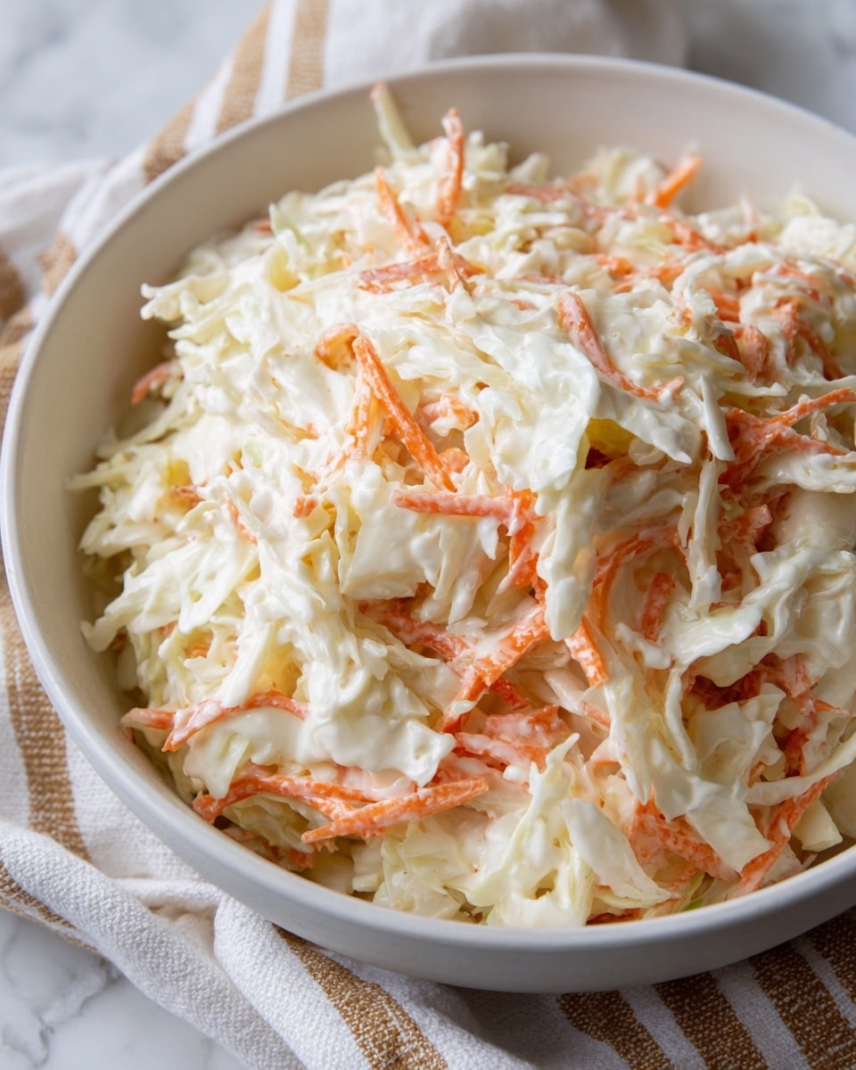 A close-up view of a bowl filled with creamy coleslaw that has three visible layers: the base layer is finely chopped white cabbage, the middle layer includes thin orange carrot strips, and the top layer is a thick, white mayonnaise dressing that coats all the vegetables evenly. The bowl is white and placed on a white marbled surface covered partly by a beige and white striped cloth. The coleslaw looks fresh and moist with a slight shine from the dressing. photo taken with an iphone --ar 4:5 --v 7