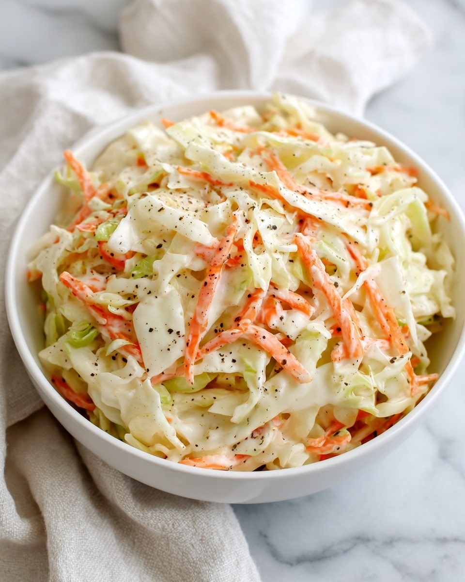 A white bowl filled with creamy coleslaw featuring shredded white cabbage as the main layer, mixed with thin strips of bright orange carrots and small chunks of pale green celery, all coated in a smooth, creamy dressing; the texture looks fresh and crunchy with visible hints of black pepper sprinkled throughout, placed on a soft cloth with a white marbled texture beneath. photo taken with an iphone --ar 4:5 --v 7