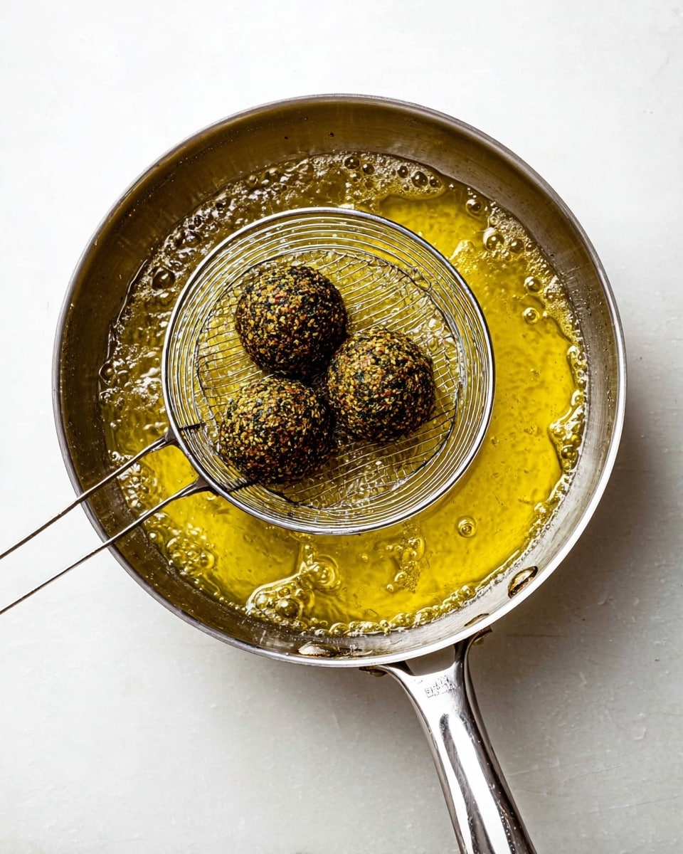A white plate filled with approximately twelve round falafel balls that have a rough, crunchy brown exterior, showing flecks of green herbs; one falafel is cut in half, revealing a bright green, coarse-textured inside. Creamy, beige tahini sauce is drizzled over several falafel balls, with small green herb pieces sprinkled on top. Fresh green parsley leaves are placed on the plate around and under the falafel, adding a fresh touch. A silver fork rests on the plate to the right side. The plate is set on a white marbled surface. photo taken with an iphone --ar 4:5 --v 7