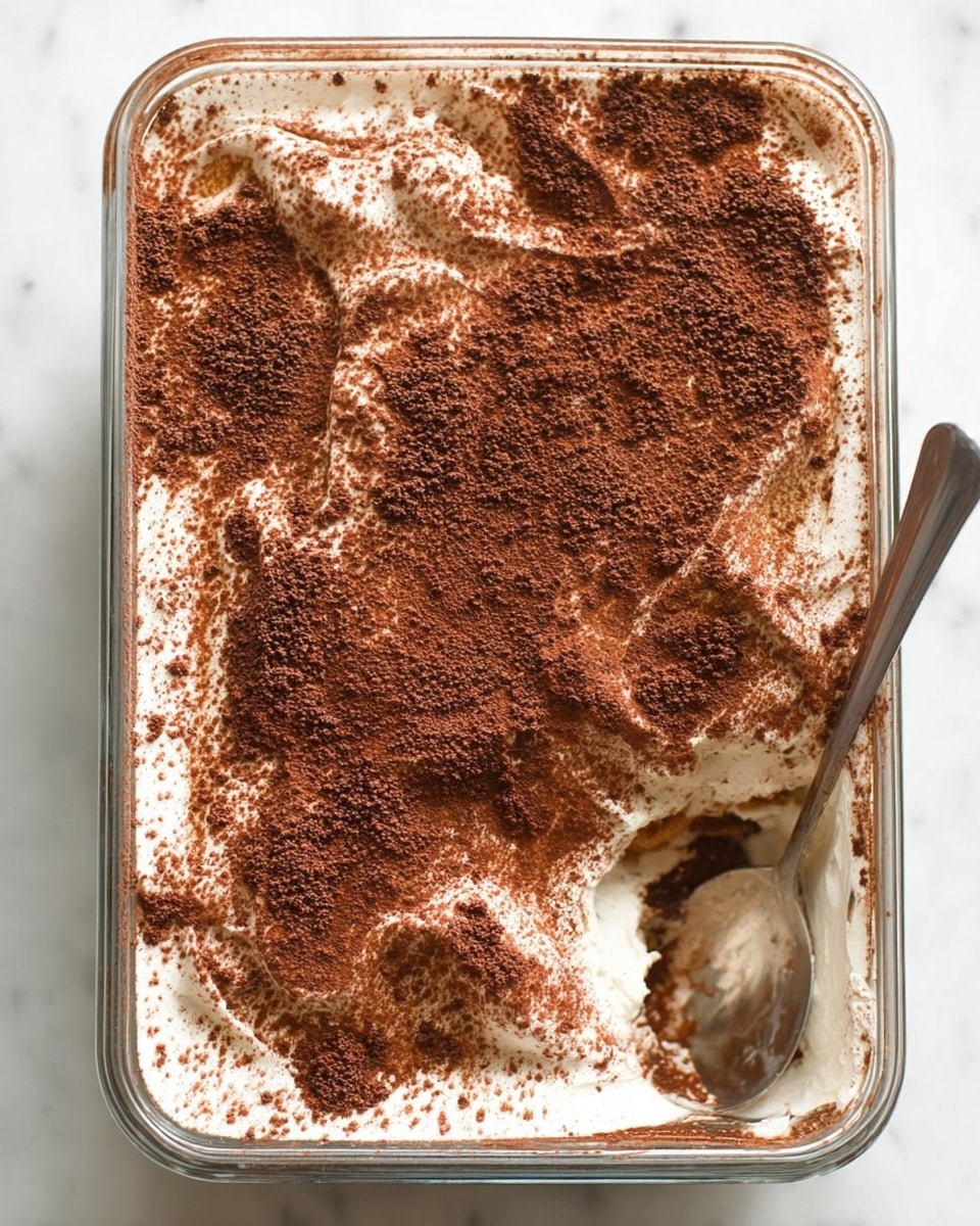 A rectangular glass dish filled with a dessert that has two main visible layers: a smooth white creamy base layer with some light brown swirls and a thick dusting of fine dark brown cocoa powder covering almost the entire top layer. In the bottom right corner, a scoop has been taken out, showing the creamy texture beneath the cocoa powder. The dish is placed on a white marbled surface. photo taken with an iphone --ar 4:5 --v 7