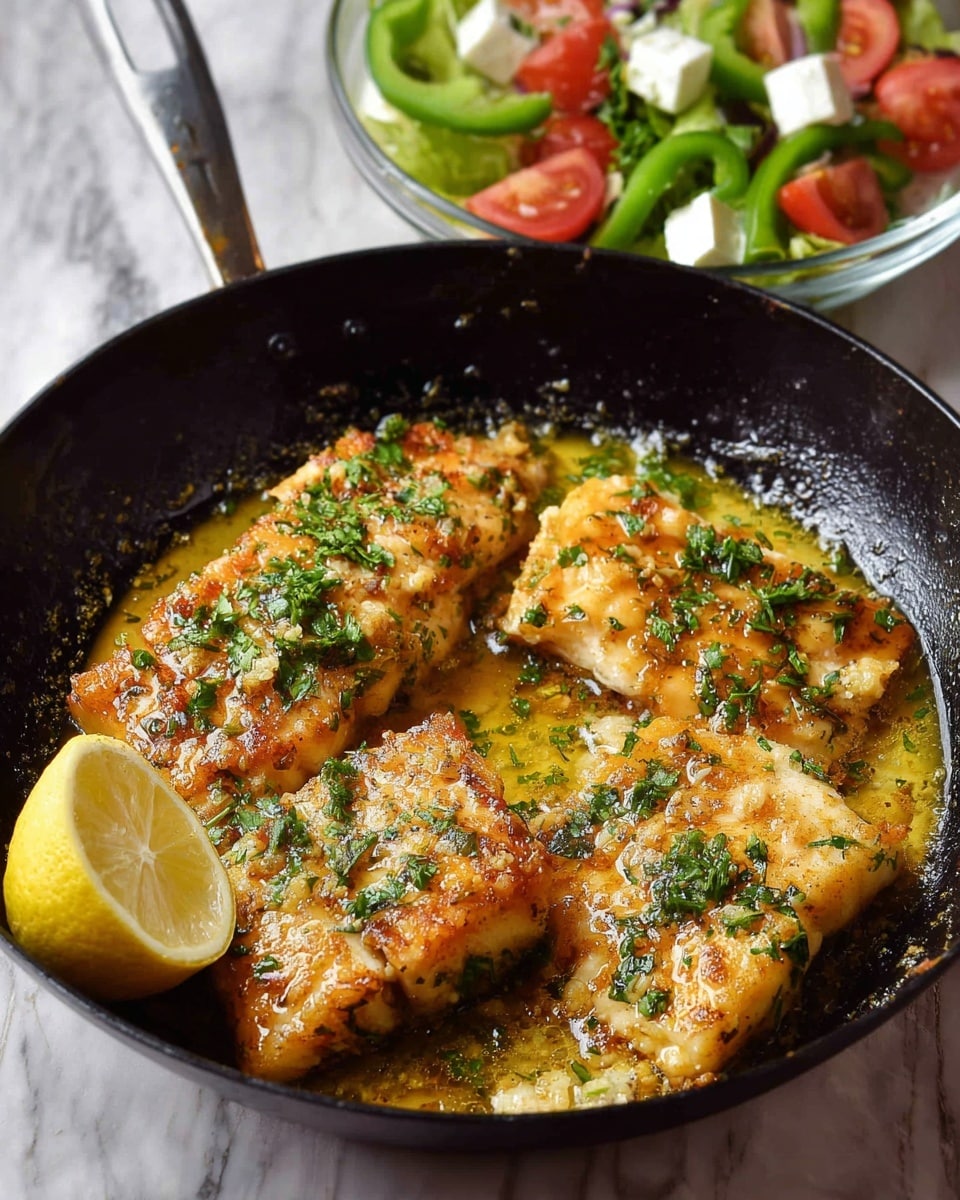 The image shows a black cast iron pan containing four pieces of golden-brown cooked fish with a slightly crispy texture, topped with chopped green herbs. The fish sits in a layer of melted butter mixed with finely chopped garlic, creating a glossy, yellowish sauce at the bottom of the pan. Half of a lemon, bright yellow and juicy, rests on the edge inside the pan. In the background, there is a glass bowl with fresh salad that includes green bell peppers, red tomato wedges, and white chunks of cheese. The entire scene is set on a white marbled surface. Photo taken with an iphone --ar 4:5 --v 7