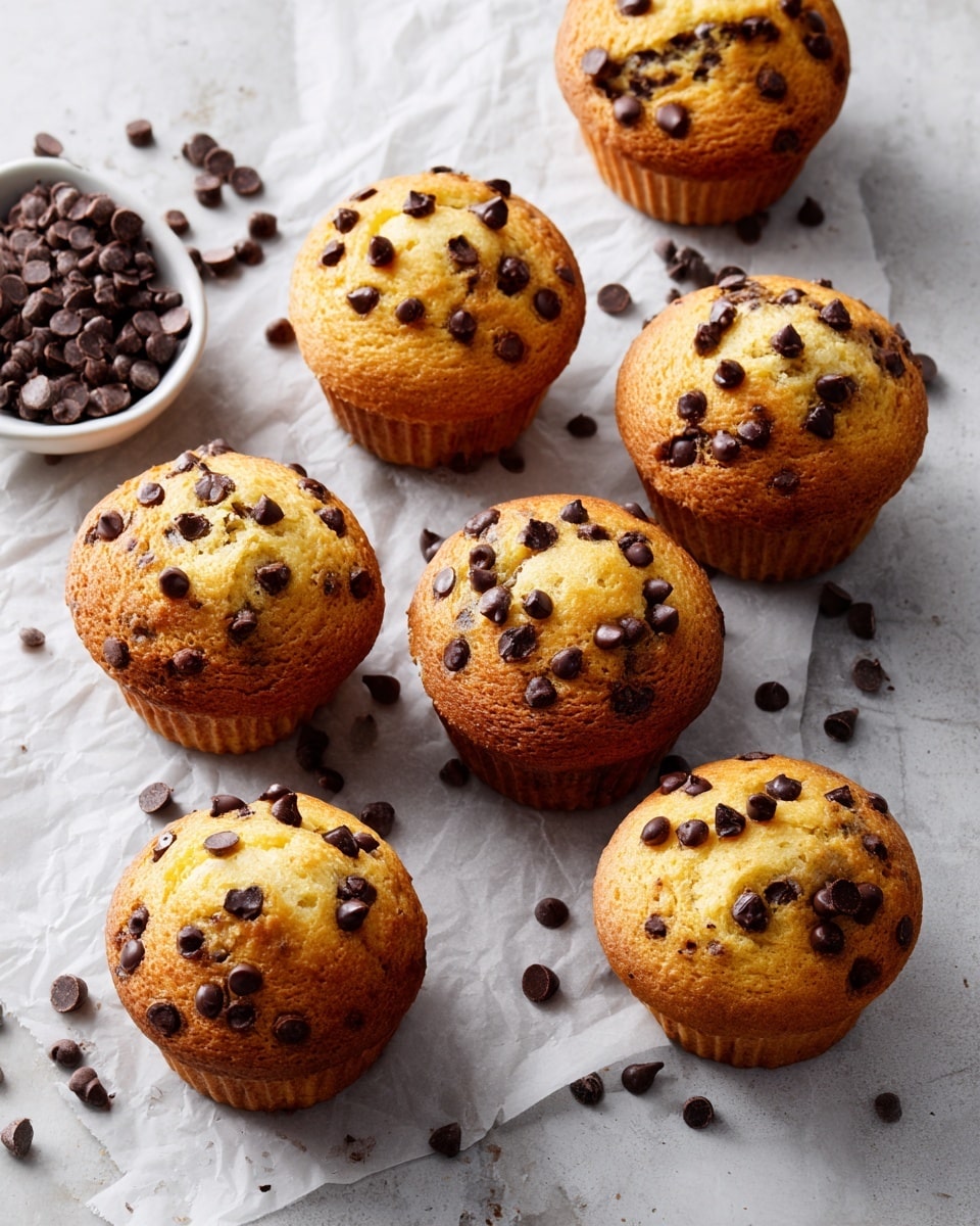 The image shows eight golden-brown chocolate chip muffins scattered on a white marbled surface with a piece of parchment paper underneath some of them. Each muffin is topped with small, dark chocolate chips that are evenly spread across the top, giving a bumpy texture. The muffins have a slightly domed top with a crispy, slightly cracked surface and soft-looking interiors. On the lower left corner, there is a white bowl filled with extra chocolate chips. Some chocolate chips are also scattered on the parchment and the surface around the muffins, adding a casual, inviting look. photo taken with an iphone --ar 4:5 --v 7