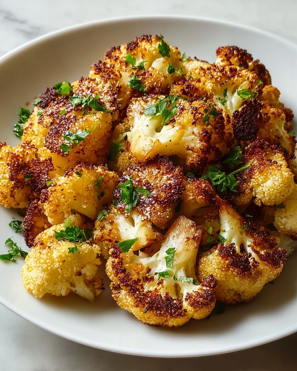 A white plate filled with roasted cauliflower pieces that have a golden brown to dark caramel color from crisp roasting, showing a rough, slightly charred texture on the outside. The cauliflower florets are clustered together with a few sprigs of fresh green parsley scattered over them, adding small pops of bright green. The plate sits on a white marbled surface with natural light coming from the right side, casting soft shadows on the dish. photo taken with an iphone --ar 4:5 --v 7