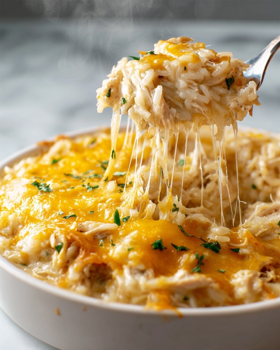 This image shows a close-up of a white round dish filled with a cheesy chicken rice casserole. The bottom layer is creamy white rice mixed with shredded cooked chicken, topped with a thick layer of melted golden yellow cheese, which is slightly browned on the edges. The melted cheese is stringy and gooey, stretching from a fork lifting a bite from the dish. Small green herb pieces are sprinkled on top for color. The dish sits on a white marbled surface, and steam rises gently from the hot casserole, making it look warm and fresh. Photo taken with an iphone --ar 4:5 --v 7