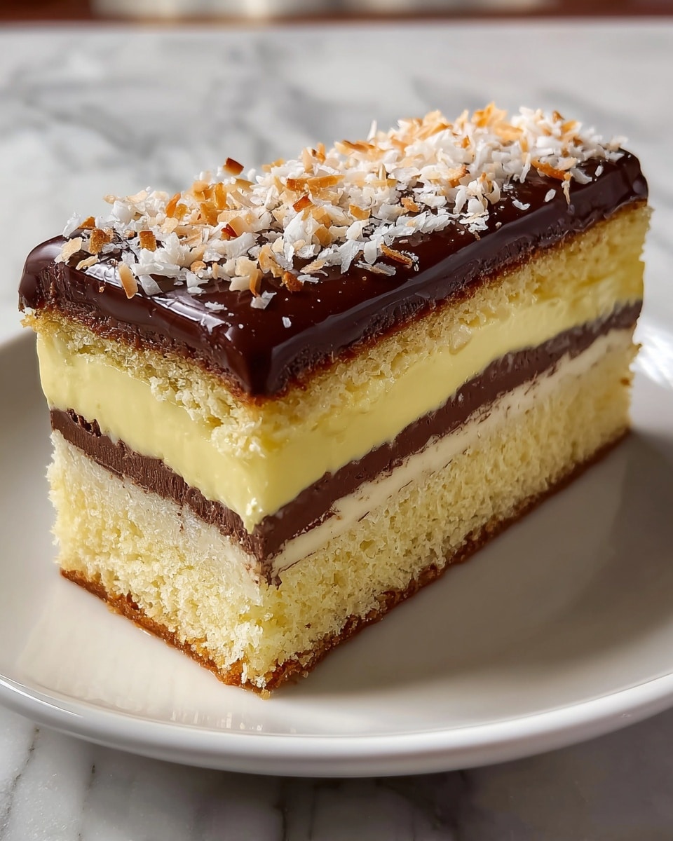 A rectangular slice of cake with four visible layers sits on a white plate over a white marbled surface. The bottom and third layers are light-colored sponge cake with a soft and fluffy texture. The second layer is thick, creamy, and pale yellow custard filling. Between the custard and the sponge above it is a thin, smooth layer of dark chocolate. The top layer is a shiny, glossy dark chocolate ganache sprinkled with small toasted coconut flakes, adding a bit of texture and contrast. Photo taken with an iphone --ar 4:5 --v 7