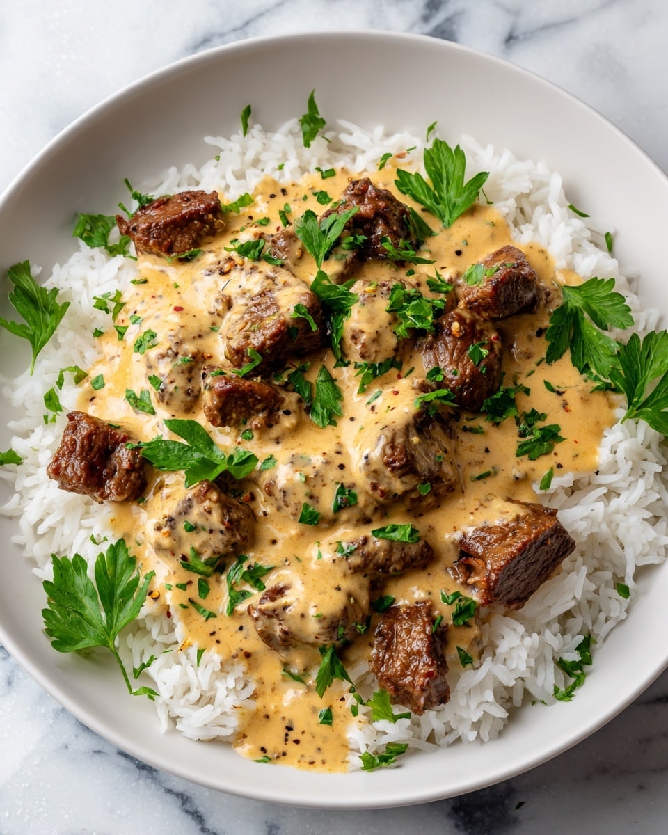 The image shows a dish with three main layers. The bottom layer is white rice, fluffy and spread evenly to cover the base. The middle layer is made up of dark brown pieces of cooked beef, cut into small chunks and scattered on top of the rice. The top layer is a thick, creamy beige sauce covering both the rice and beef, with a smooth texture and some visible black specks of seasoning. Fresh green parsley leaves are sprinkled over the sauce, adding a pop of color. The dish is served in a white plate on a white marbled surface. photo taken with an iphone --ar 4:5 --v 7