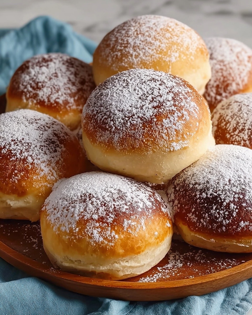 A wooden plate filled with eight round, golden-brown buns covered evenly with a dusting of white powdered sugar. Each bun has a slightly shiny and soft crust with subtle cracks showing a fluffy texture underneath. The buns vary slightly in color from light golden to deeper brown on top, giving a homemade look. The plate rests on a light blue cloth, placed on a white marbled surface faintly visible around the edges. photo taken with an iphone --ar 4:5 --v 7