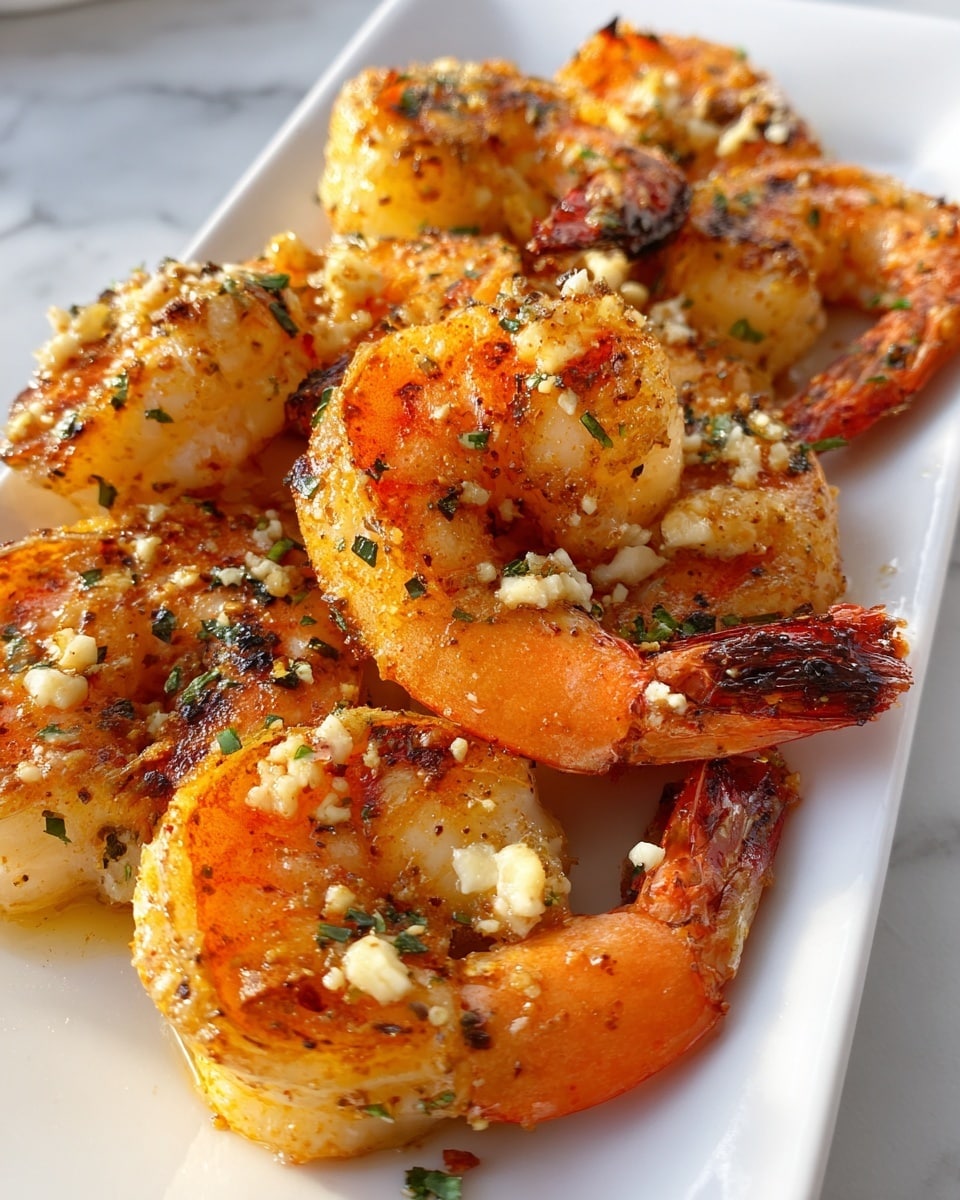 A close-up view of a white rectangular plate filled with several large shrimp, each shrimp displaying a bright orange-pink tail and a curled body cooked to a golden yellow color with grilled brown edges. The shrimp are garnished with small bits of white garlic and scattered green herbs, adding texture and color contrast. The shrimp bodies look slightly shiny with seasoning, and the plate is set on a white marbled surface. Photo taken with an iphone --ar 4:5 --v 7