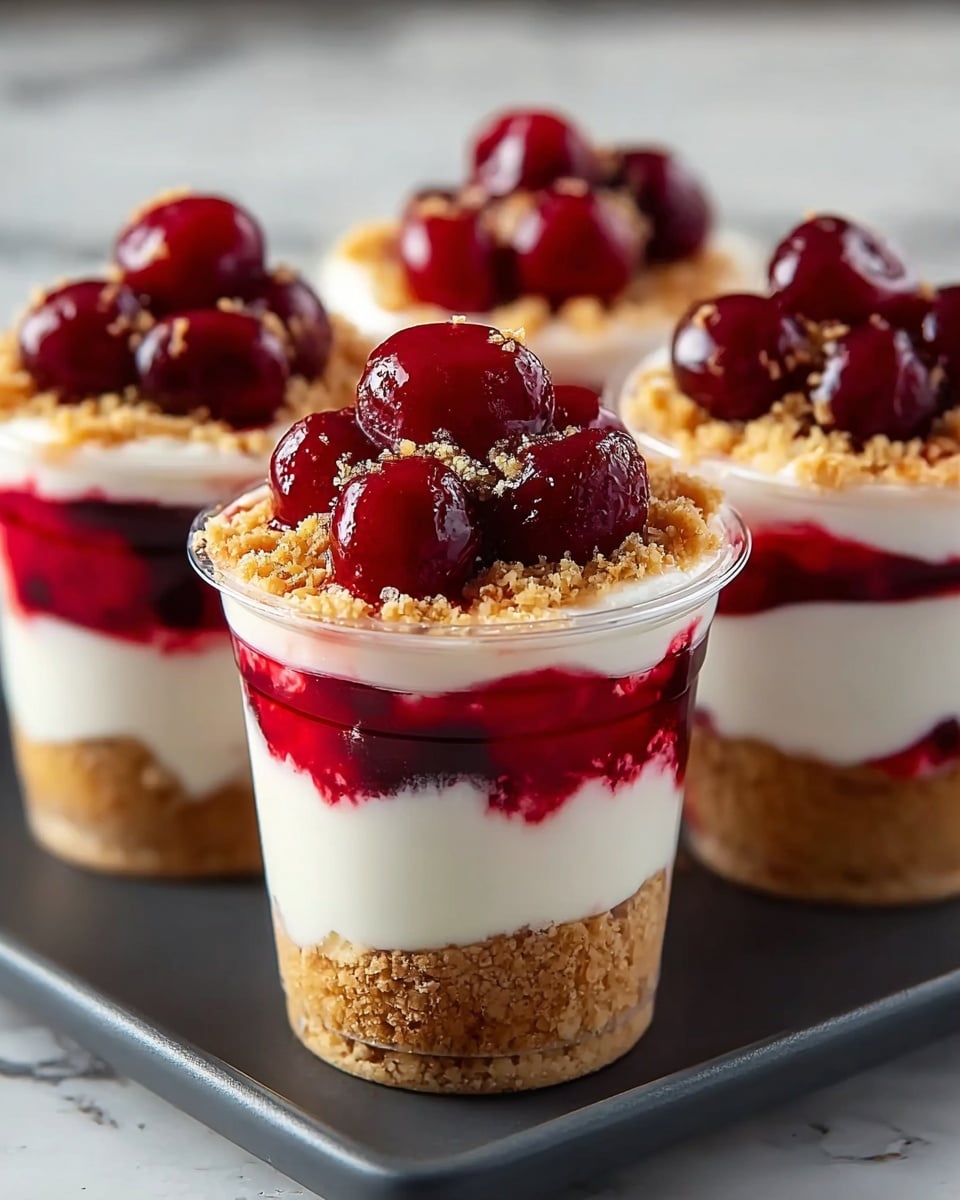 The image shows three small white clear plastic cups with a layered cherry dessert. Each cup has four layers: the bottom layer is a crumbly light brown crust, followed by a thick white creamy layer, then a bright red cherry sauce with visible cherry pieces, topped by another thin white creamy layer, a sprinkle of crumbly light brown topping, and a glossy cluster of whole cherries on top. The cups are placed on a dark gray tray on a white marbled surface in the background. The photo taken with an iphone --ar 4:5 --v 7