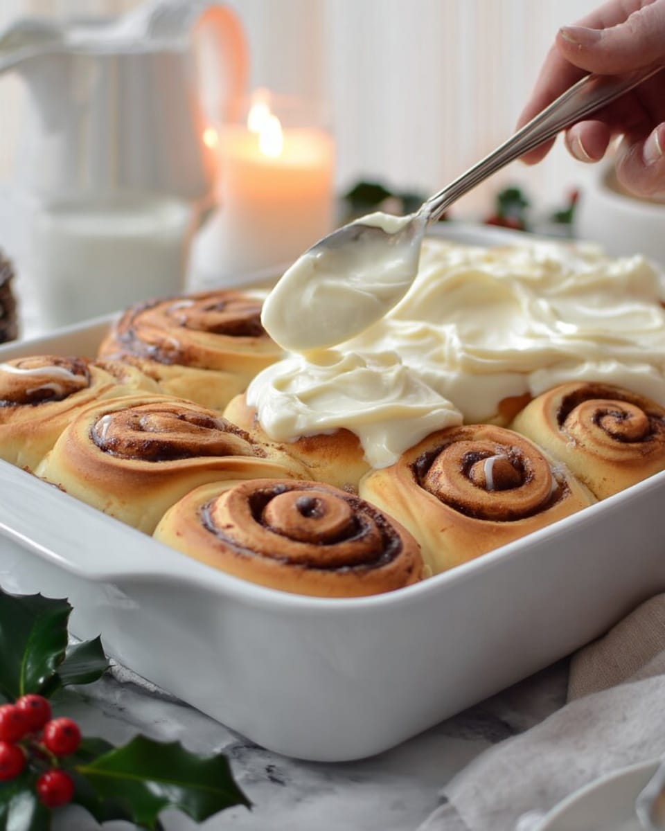 A white rectangular baking dish filled with fresh cinnamon rolls, some still plain showing their golden brown swirled layers, while others have a thick, creamy white frosting being spread on top with a spoon held by a woman's hand from the right side. Each cinnamon roll has well-defined spiral layers of dough with a soft, slightly shiny golden crust and dark brown cinnamon filling. The frosting texture is smooth and creamy, generously covering parts of the rolls, blending softly into their rounded tops. The dish is placed on a white marbled textured surface with a white candle blurred in the background and some green holly with red berries near the front corner. photo taken with an iphone --ar 4:5 --v 7