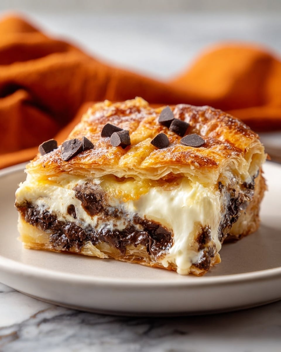 The image shows a close-up of a pastry with three main layers. The top layer is golden brown and flaky, dotted with dark chocolate chunks. The middle layer is a rich, melted white cream that looks smooth and soft, oozing slightly out of the pastry. The bottom layer is another flaky pastry base mixed with melted dark chocolate chips. The pastry sits on a white plate, which is placed on a white marbled surface with an orange cloth partially visible in the background. Photo taken with an iphone --ar 4:5 --v 7
