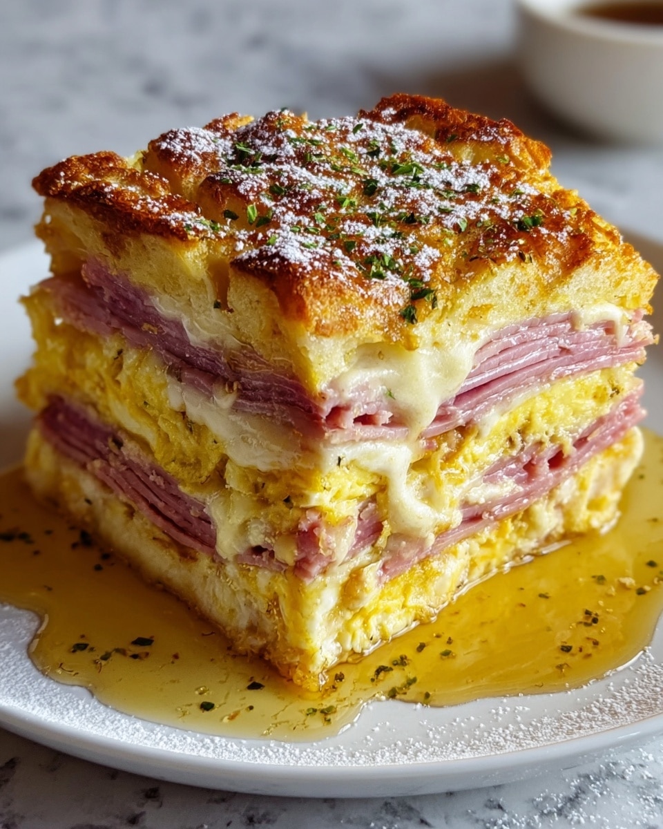 A thick slice of layered ham and cheese casserole sits on a white plate with a white marbled texture underneath. The bottom layer is a soft yellow egg mixture that looks fluffy and moist, topped by multiple thin layers of pink ham interspersed with melted white cheese. The top layer is a golden-brown toasted bread with a textured surface, slightly puffed and crispy, sprinkled with green herbs and a light dusting of white powdered sugar. Syrupy golden honey pools around the base, adding shine and richness to the dish. Photo taken with an iphone --ar 4:5 --v 7