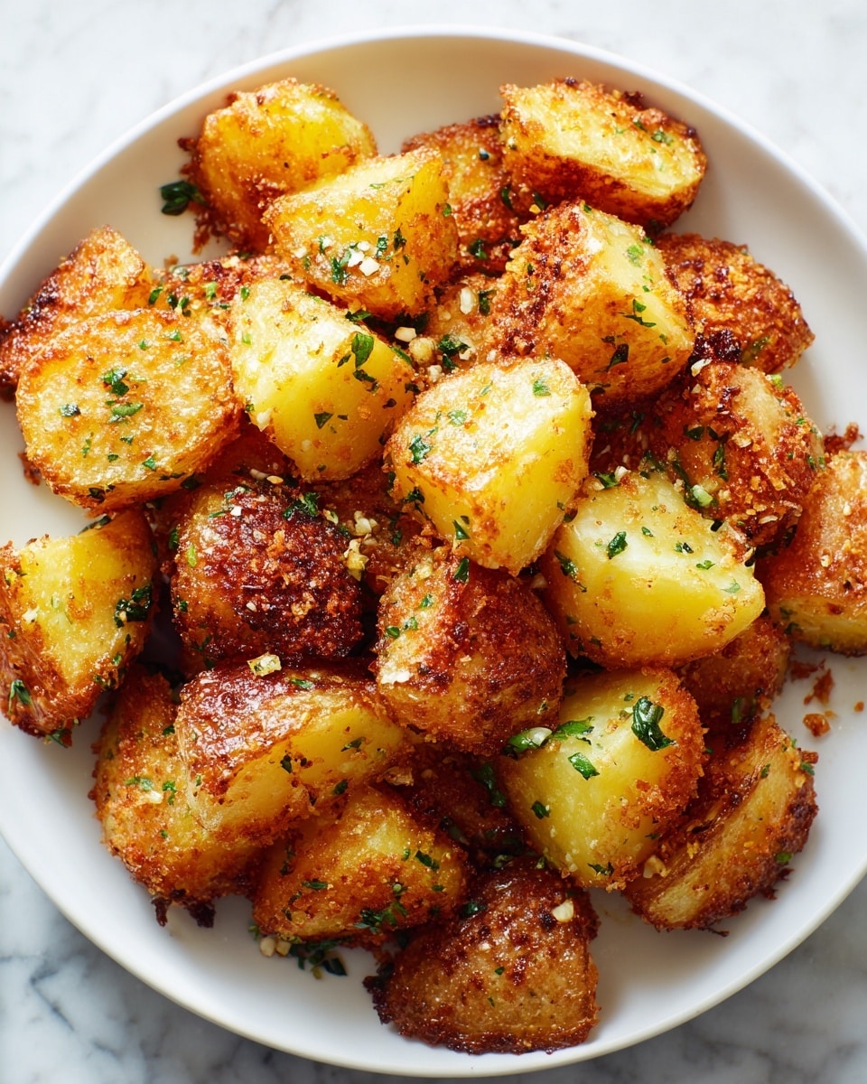A close-up view of a white plate filled with golden brown roast potato pieces, each piece showing a crispy outer layer with a rough texture and sprinkled with small bits of green herbs and garlic. The potatoes are mostly medium-sized chunks, some with a darker brown crust while others are lighter with a creamy yellow inside visible. The surface beneath the plate is a white marbled texture, adding a clean, simple background to the warm colors of the potatoes. Photo taken with an iphone --ar 4:5 --v 7