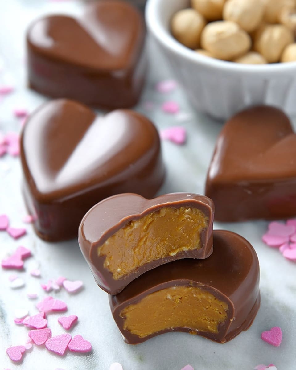 The image shows several heart-shaped chocolates with a smooth, shiny milk chocolate coating. Each piece has one thick outer layer of glossy light brown chocolate covering a dense, golden brown filling inside. Some hearts are whole, while others are cut in half to reveal the creamy, textured filling inside. The chocolates are placed on a white marbled surface, with small pink and white heart-shaped sprinkles nearby. In the background, a white bowl filled with round nuts is partially visible. photo taken with an iphone --ar 4:5 --v 7
