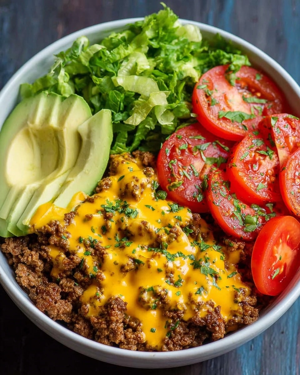 The image shows a bowl with four main layers arranged side by side. On the left, there is a fresh green lettuce layer, followed by three thick slices of avocado with a smooth pale green texture next to it. The center layer contains browned ground beef crumbles covered with bright yellow melted cheddar cheese sauce drizzled on top, sprinkled with small green herbs. On the right side, there are slices of red tomatoes also topped with bits of herbs. The bowl is white and the background is a white marbled surface. Photo taken with an iphone --ar 4:5 --v 7