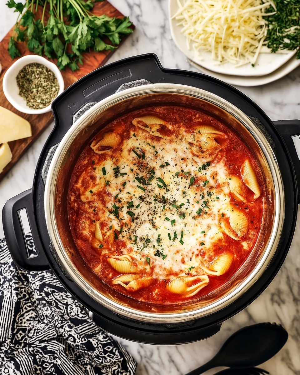 A close-up view of a black Instant Pot filled with cooked pasta shells in a rich red tomato sauce, topped with a melted, creamy white layer of cheese sprinkled with finely chopped green herbs and black pepper. The pasta shells are partially visible under the cheese, showing a soft texture. Around the Instant Pot, there is a white marbled surface with a small white dish of dried herbs, a wooden board holding fresh green parsley, a white plate with a chunk of light yellow cheese and shredded cheese, and a patterned black and white cloth with a black utensil. Photo taken with an iphone --ar 4:5 --v 7