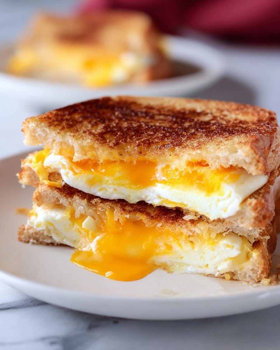 The image shows a close-up of a grilled sandwich cut in half on a white plate with a white marbled surface underneath. The sandwich has two toasted bread slices with a golden brown, crunchy texture on the outside. Inside, there are three layers: the bottom layer is white melted cheese, the middle layer is a soft cooked egg with bright yellow yolk and white edges, and the top layer is melted orange cheese. A small amount of melted cheese is oozing out from the sides, adding to the appetizing look. In the blurry background, there is another sandwich on a white plate. Photo taken with an iphone --ar 4:5 --v 7