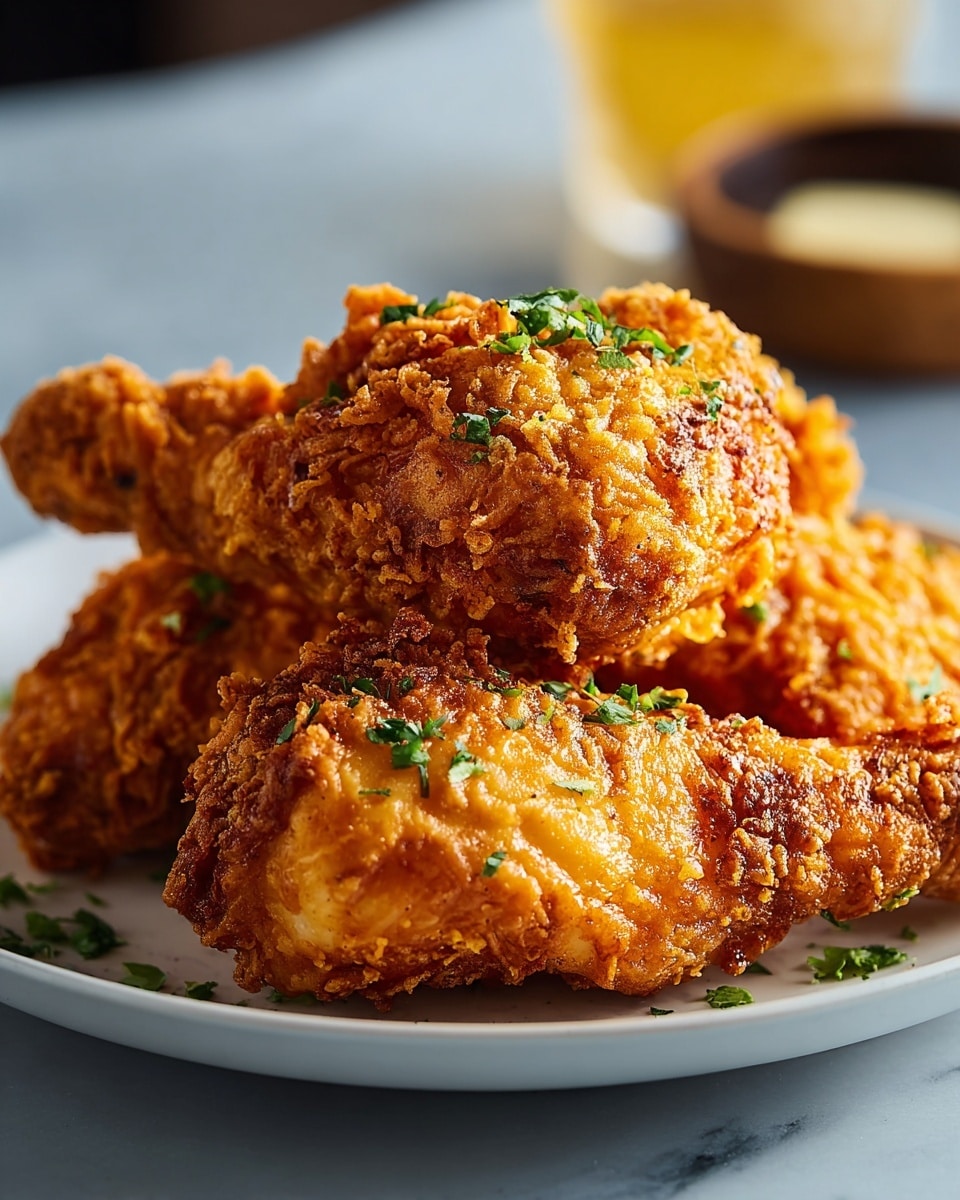 A close-up view of three crispy fried chicken pieces stacked on a white plate, each piece golden brown with a rough, crunchy texture. Small bits of green herbs are sprinkled on top of the chicken and around the plate, adding a hint of color. The chicken appears juicy with a glistening surface showing its crisp coating. The plate sits on a white marbled texture, and a blurred butter dish is visible in the background. photo taken with an iphone --ar 4:5 --v 7