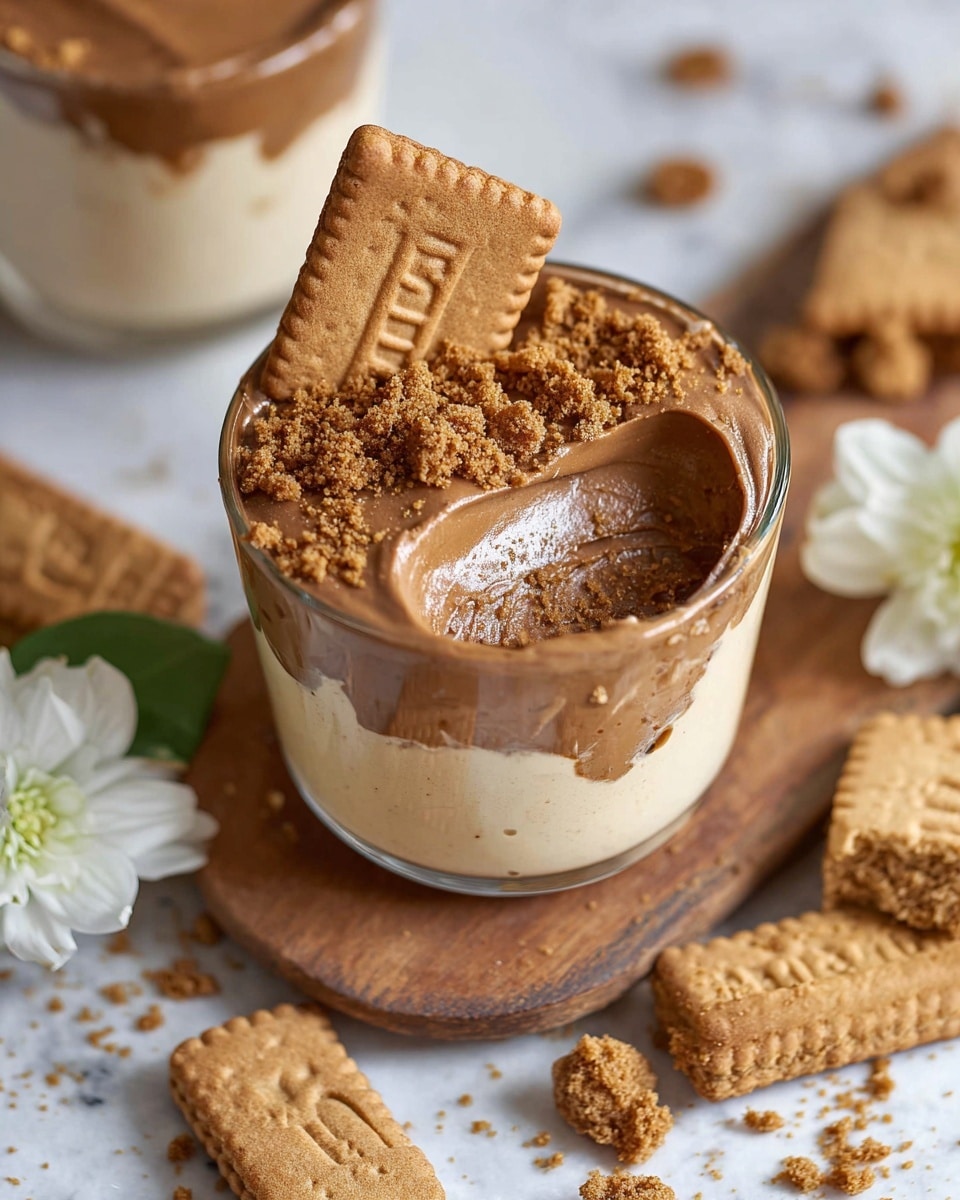 The image shows small glass cups with a dessert inside, each with two layers. The bottom layer is smooth and creamy white, filling about two-thirds of the cup. The top layer is a light brown caramel-colored cream, covering the rest of the cup. On top, there are crumbled brown cookie pieces spread over the caramel layer. One whole square brown cookie is placed standing upright in the middle of each cup. The cups are on a wooden board, with some square cookies and white whipped cream flowers beside them. The background is a white marbled texture. photo taken with an iphone --ar 4:5 --v 7
