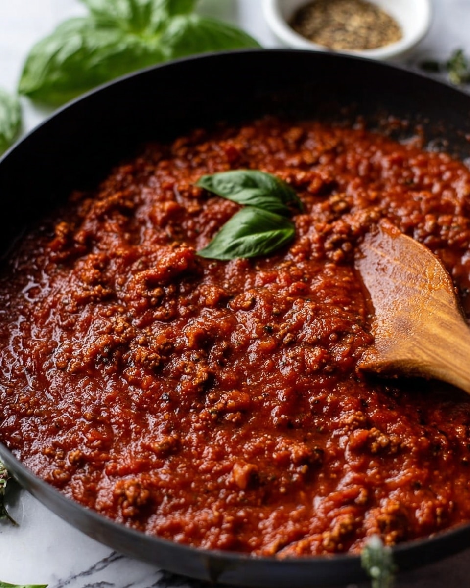 A white plate holds a neat nest of pale yellow spaghetti arranged in a circular layer, topped in the center with a thick, chunky red meat sauce sprinkled with grated white cheese. On top of the sauce, there is a small bunch of fresh green basil leaves. The plate sits on a soft gray cloth over a white marbled surface. Nearby, a white bowl with mixed spices, a shiny silver spoon, a red chili, and some fresh basil leaves add color to the scene. A black pot filled with the same red meat sauce is seen in the top right corner. Photo taken with an iphone --ar 4:5 --v 7