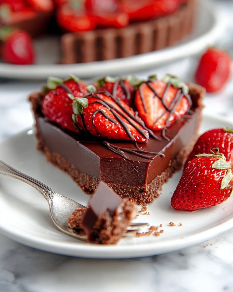 A slice of chocolate tart on a white plate shows three clear layers: a crumbly brown crust at the bottom, a thick smooth dark chocolate filling in the middle, and bright red fresh strawberries on top, each strawberry with dark chocolate drizzled over it. To the right of the slice, two whole strawberries sit on the plate. A fork holds a small bite of the tart in front of the slice. The background is a white marbled texture with another tart blurred in the distance. Photo taken with an iphone --ar 4:5 --v 7