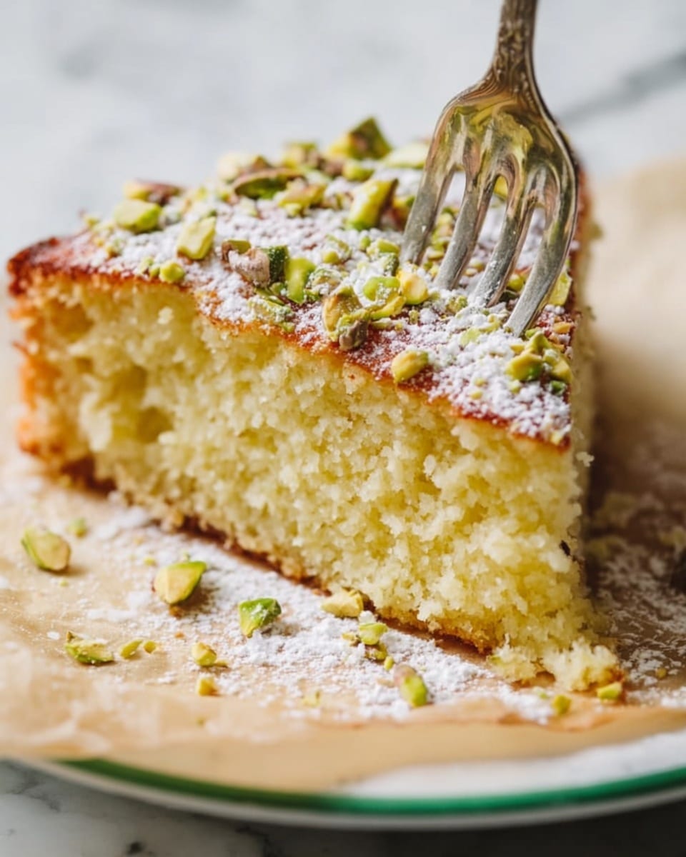 A close-up view of a slice of soft, light yellow cake with a slightly crumbly texture, topped with a thin golden-brown crust sprinkled with chopped green pistachios and a light dusting of white powdered sugar. A shiny silver fork is partly inserted at the top, angled down slightly. The cake rests on a piece of parchment paper which is on a white plate with a green edge, set on a white marbled surface. photo taken with an iphone --ar 4:5 --v 7