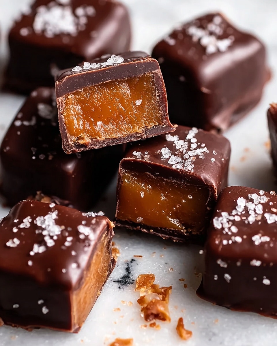 The image shows several small square chocolates coated in smooth, dark brown chocolate with a shiny finish. One piece is cut in half and stacked on top of another piece, revealing two layers inside: a darker, almost black, chewy center and a lighter caramel layer surrounding it. The top of each chocolate has a slight ripple texture and is sprinkled with coarse sea salt flakes. The chocolates rest on a white marbled surface with some caramel crumbs scattered around. Photo taken with an iphone --ar 4:5 --v 7