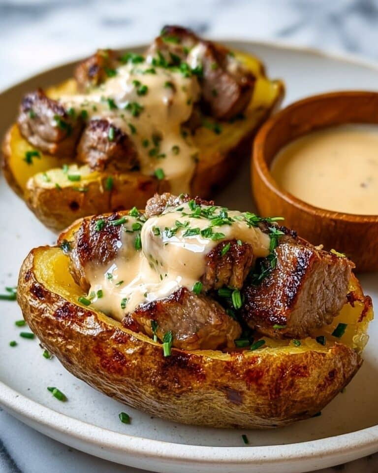 Steak-Stuffed Baked Potatoes with Parmesan Cream Sauce Recipe