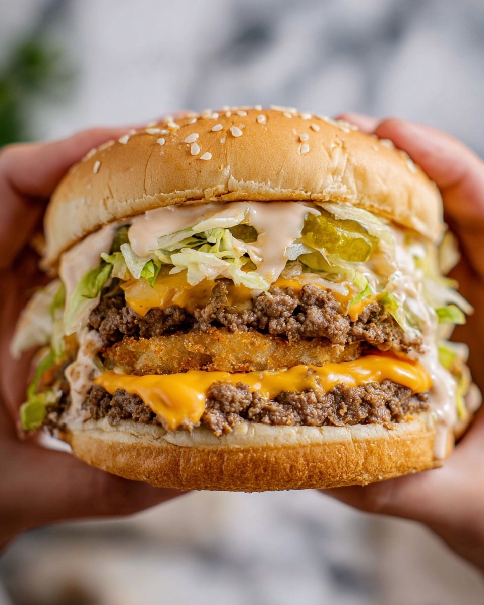 A close-up of a juicy double cheeseburger held by two hands. The burger has two sesame seed buns, with the top bun light brown and soft. Inside, the first layer under the top bun consists of chopped cooked ground beef with a creamy light pink sauce and shredded lettuce mixed with small pickle slices. The middle layer includes a golden toasted breaded piece, topped again with the same chopped beef, bright orange cheddar cheese slice, more shredded lettuce, and more of the light pink sauce. The bottom bun is lightly toasted and golden brown, holding the ingredients together. The background is softly blurred with a white marbled texture. photo taken with an iphone --ar 4:5 --v 7