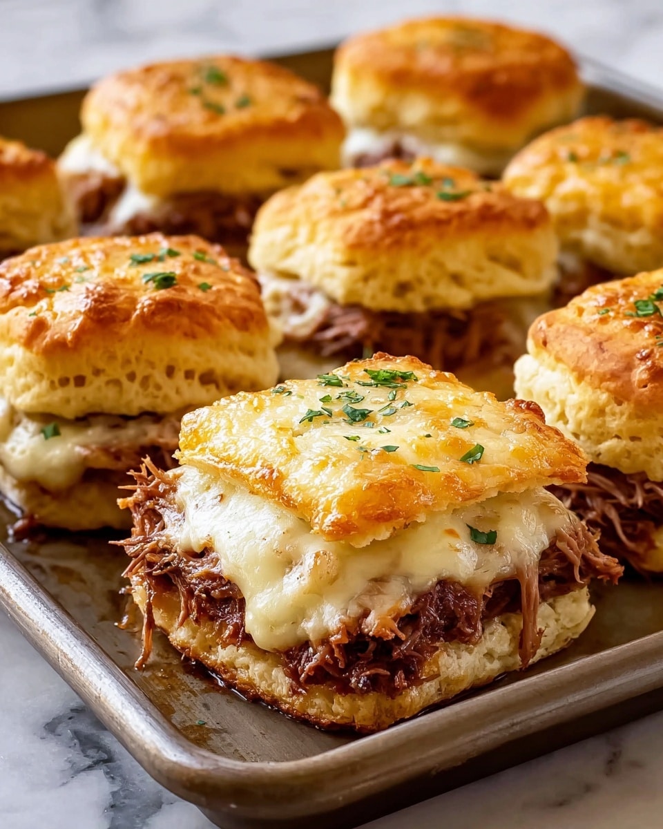 The image shows several sandwiches arranged on a metal baking tray. Each sandwich has three clear layers: the bottom layer is a soft, light golden biscuit, the middle layer is a heap of tender, shredded meat with a rich brown color, and the top layer is a thick, melted cheese with a golden-brown baked surface, sprinkled with small pieces of green herbs. The cheese appears creamy and slightly oozing at the edges, creating a textured and appetizing look. The warm, golden tones of the biscuits and cheese contrast with the darker meat inside. The tray rests on a white marbled surface. photo taken with an iphone --ar 4:5 --v 7