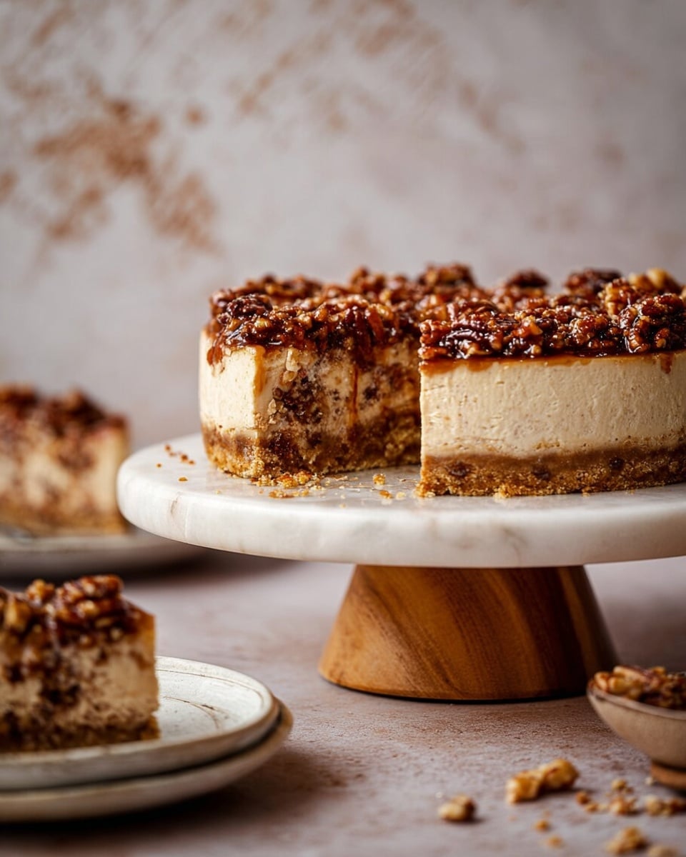 The image shows a multi-layered cheesecake on a white marble cake stand with a wooden base, placed on a wooden table with a white marbled texture background. The cheesecake has a thick golden crust at the bottom, followed by a light beige creamy layer that appears smooth and dense. Near the middle, there is a visible darker layer with a nutty texture, and the top is covered in a generous layer of caramelized pecans or walnuts, glistening with a sticky syrup. Crumbs and nuts are scattered around the stand and table. In the background and below, parts of other similar desserts are visible on white plates and in a white bowl. photo taken with an iphone --ar 4:5 --v 7