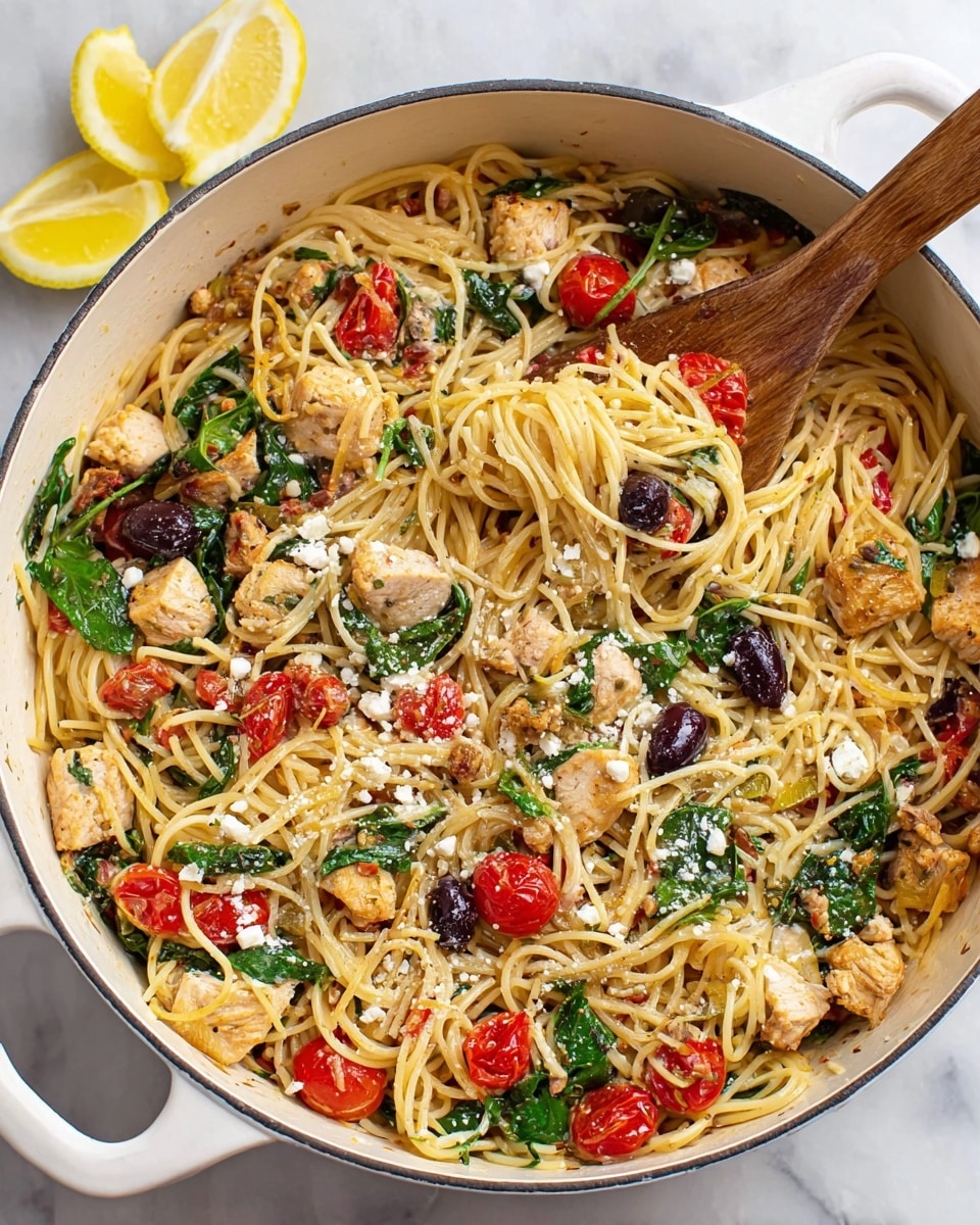 A white bowl filled with a pasta dish showing about three layers: at the base, light golden spaghetti noodles, in the middle, pieces of grilled chicken with a browned outer layer, bright red cherry tomatoes, dark purple olives, and fresh green spinach leaves, all mixed with a light creamy sauce dotted with small white cheese cubes. On the side inside the bowl, a bright yellow lemon wedge is placed. The bowl sits on a white marbled surface with green parsley leaves and a white cloth napkin nearby. Photo taken with an iphone --ar 4:5 --v 7