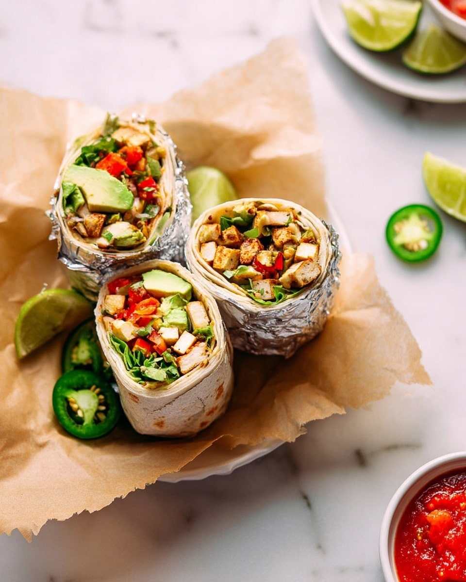 Three small burritos wrapped in foil and cut in half show their colorful fillings, each with three visible layers: the soft beige tortilla on the outside, a middle layer of green lettuce and avocado slices, and an inner layer of light brown tofu chunks mixed with bright red diced peppers. They sit on light brown parchment paper in a white dish. Nearby, there are lime wedges, a slice of green jalapeño, and a small white bowl of red salsa on a white marbled surface. photo taken with an iphone --ar 4:5 --v 7