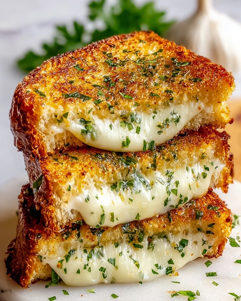 A stack of two grilled cheese sandwiches cut diagonally, showing three layers: the top and bottom layers are toasted bread with a golden-brown, crispy texture dotted with green herbs, while the middle layer is melted white cheese oozing out, also sprinkled with herbs. The sandwich sits on a white marbled surface with a blurred white garlic bulb and green leaves in the background. photo taken with an iphone --ar 4:5 --v 7