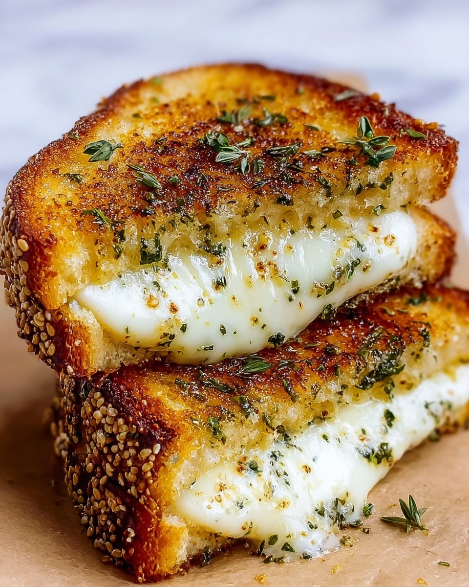 A close-up view of a grilled cheese sandwich cut in half and stacked, showing two layers of thick toasted bread with a golden-brown crispy crust and sesame seeds on the edges. The bread has a crunchy, textured surface sprinkled with green herbs. Between the bread layers is a thick layer of melted white cheese stretching slightly, with bits of herbs and a glossy, oily shine. The sandwich is set on a piece of light brown paper on a white marbled surface. Photo taken with an iphone --ar 4:5 --v 7