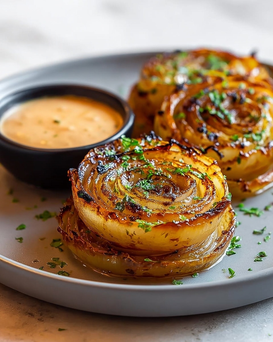 The image shows a metal baking tray filled with five thick, round slices of roasted cabbage. Each cabbage slice has about 7-8 visible layers with colors ranging from light green on the outer layers to white in the middle. The edges of each layer are browned and slightly crispy, sprinkled with black pepper and coarse salt. Small green herb sprigs, likely thyme, rest on top of the cabbage slices and around the tray. The tray is placed on a surface with a white marbled texture, with some oil and seasoning glistening on the baking sheet. Photo taken with an iphone --ar 4:5 --v 7