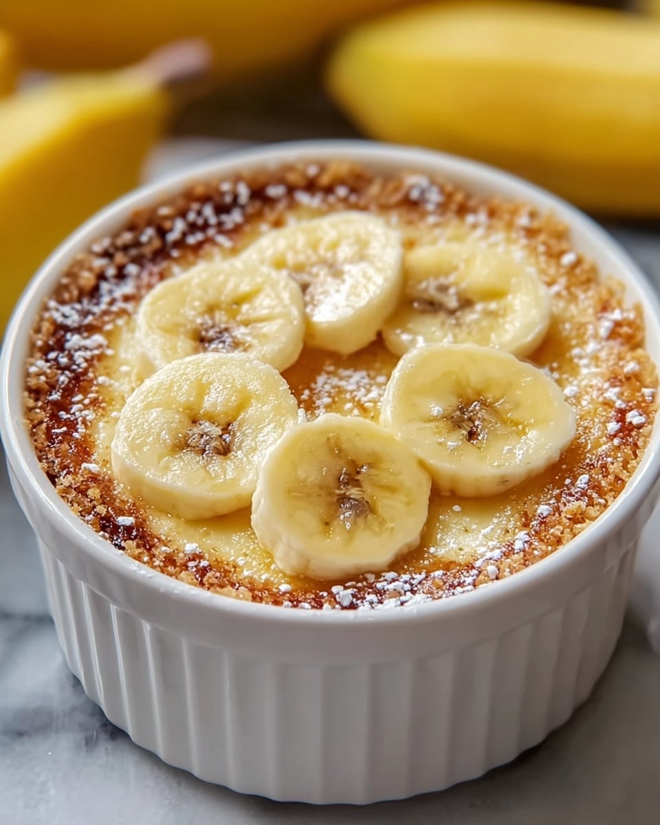 A white round dish holds a baked banana dessert with one main layer of golden-brown, caramelized banana filling that appears soft and glossy. Around the edge, there is a thick, crunchy, darker golden crust with a rough texture. On top, six slices of banana are evenly spaced in a circle, showing a pale yellow color and smooth texture with tiny brown spots. A light dusting of powdered sugar covers the dessert, adding a soft white contrast to the golden tones. Photo taken with an iphone --ar 4:5 --v 7