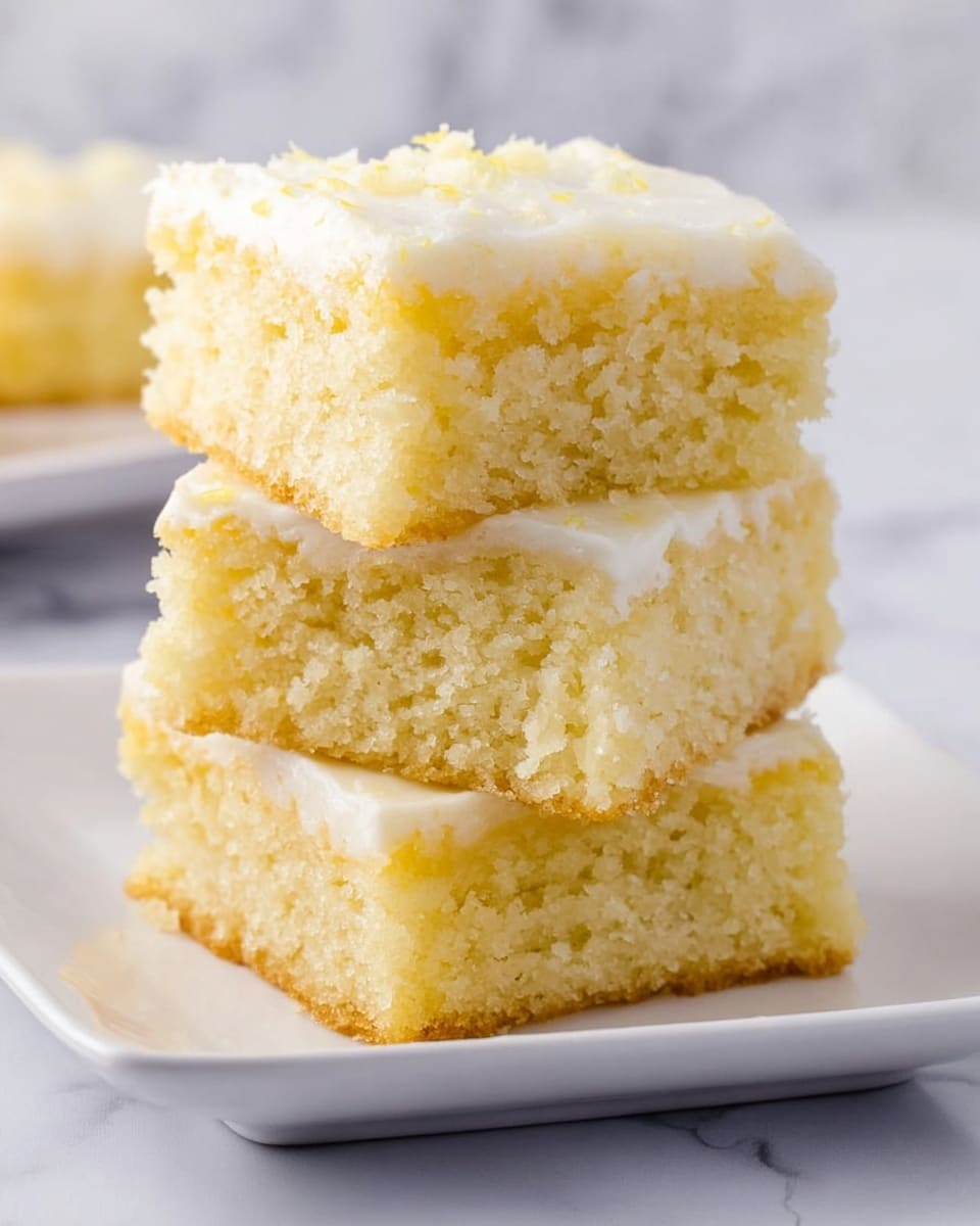 There are three square pieces of lemon cake stacked on a white plate, each piece showing a soft, light yellow crumb texture with a thin, creamy white frosting layer on top. The bottom piece is fully visible, the middle piece is slightly angled, and the top piece is resting neatly on the stack with a small crumbly edge visible. The background shows a white marbled texture and slightly out-of-focus shapes, enhancing the focus on the cake slices. photo taken with an iphone --ar 4:5 --v 7