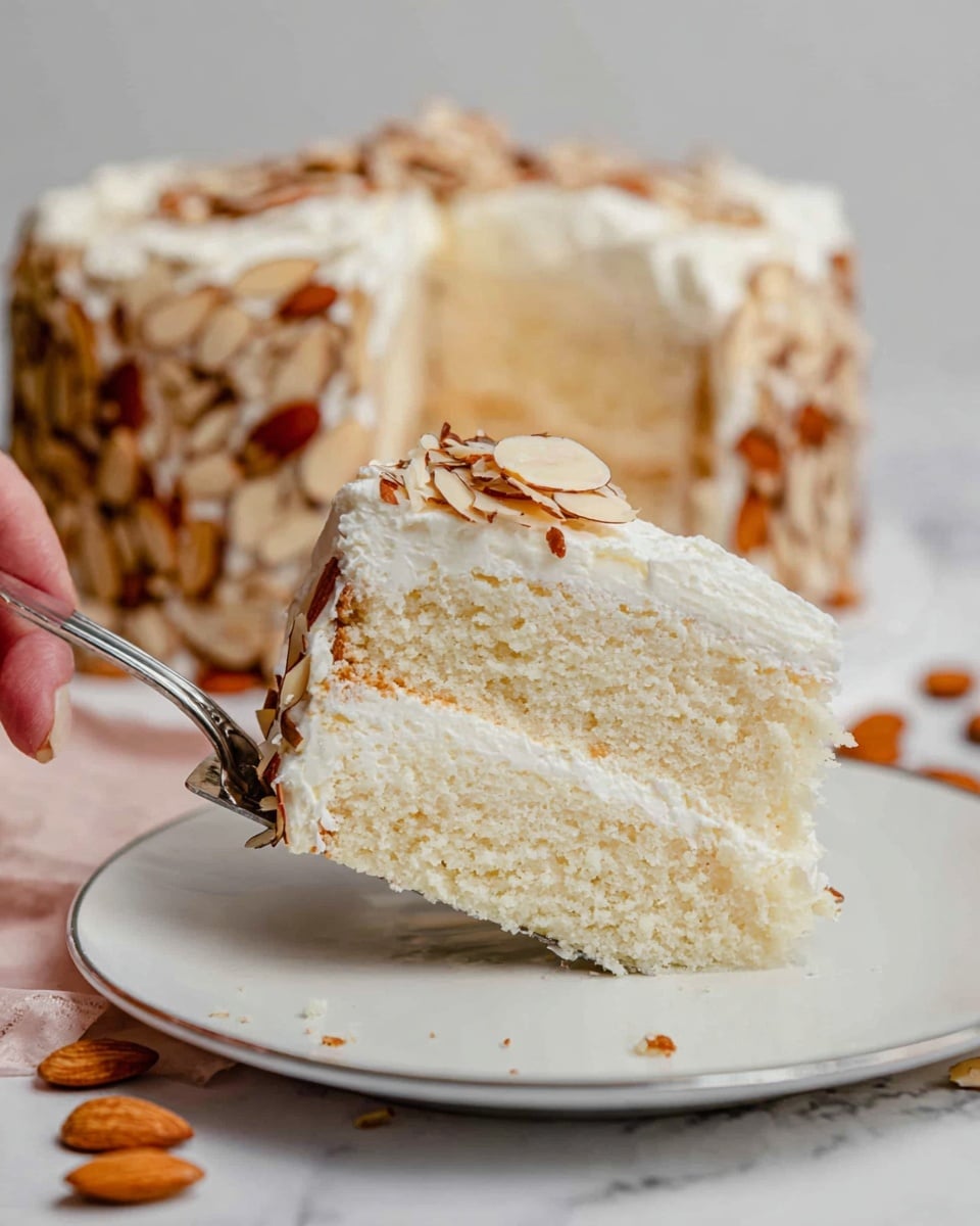 A slice of two-layer white cake with light, fluffy texture is being lifted from a whole cake covered in white frosting. Between the cake layers is a thick layer of smooth white cream, and the top of the slice also has a layer of creamy white frosting. The sides of the whole cake are decorated with many thinly sliced almonds, showing brown skin and cream inner parts. The cake sits on a white plate with a simple rim design, placed on a white marbled surface with some whole almonds scattered around. A silver cake server holds the slice, and a woman's hand is gently lifting it. Photo taken with an iphone --ar 4:5 --v 7