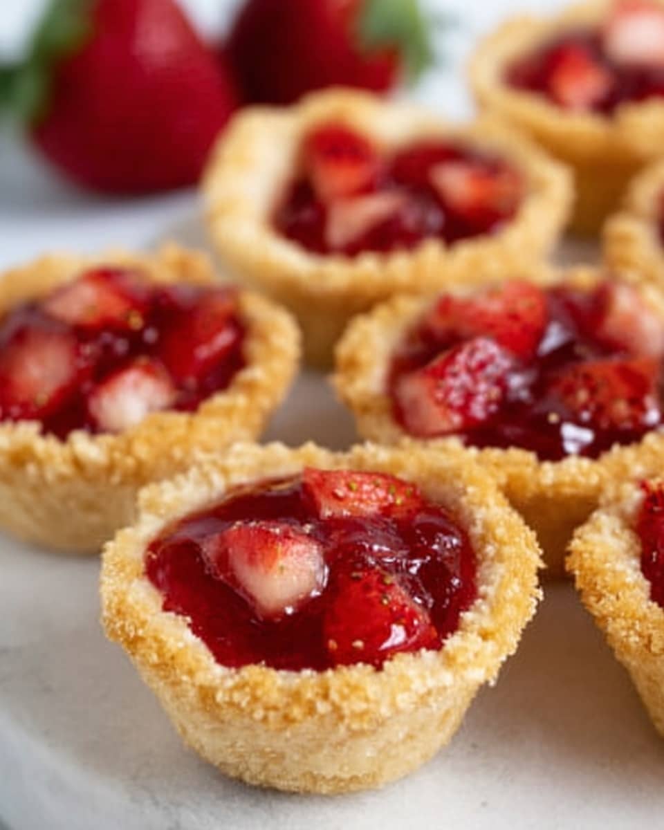 The image shows several small tartlets placed closely on a white marbled surface. Each tartlet has a light golden crumbly crust as the base layer, filled with a shiny bright red jelly-like layer mixed with tiny red and white fruit pieces on top. The tartlets are arranged in a cluster, with a large strawberry slightly out of focus in the background, adding a fresh and vibrant touch to the scene. The textures of the crust are crumbly and rough, while the filling looks smooth and glossy. Photo taken with an iphone --ar 4:5 --v 7
